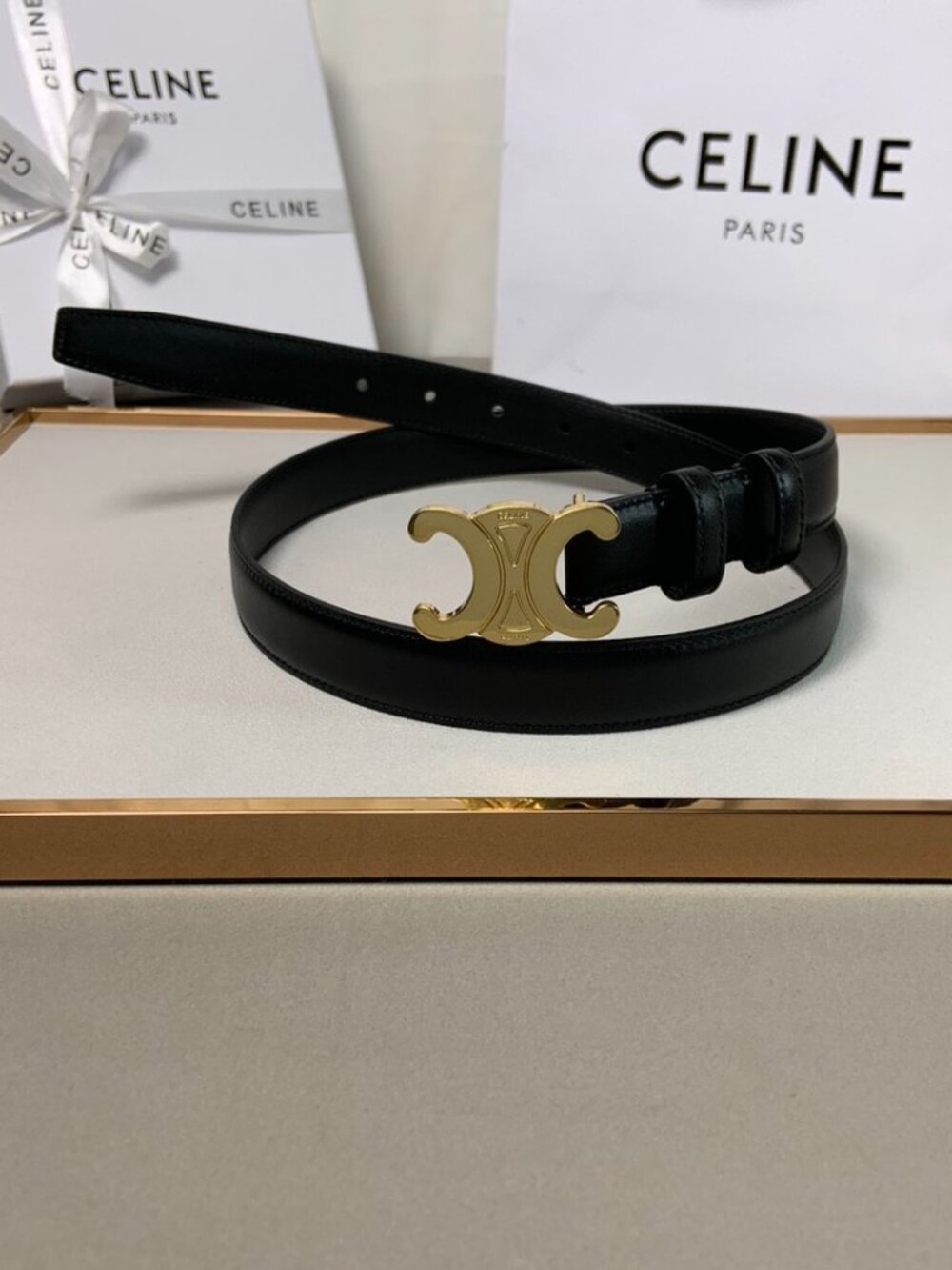 Celine Black Smooth Calfskin Thin Belt Gold Triomphe Buckle Full SZ85